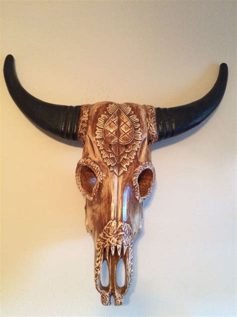 Hand Carved Wooden Bull Skull Skull Art Bull Skulls Skull