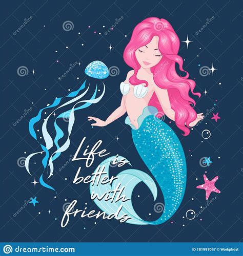 Beautiful Pink Hair Mermaid On A Dark Background Cute Mermaid With