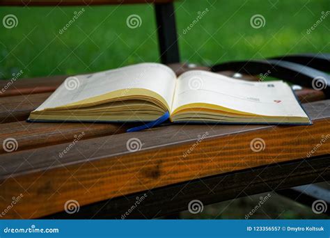 Open Notebook Lies Bench In Park Business Concept Stock Image Image
