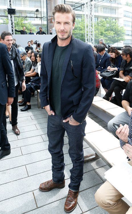David Beckham Wearing Navy Blazer Dark Green Crew Neck Sweater Navy