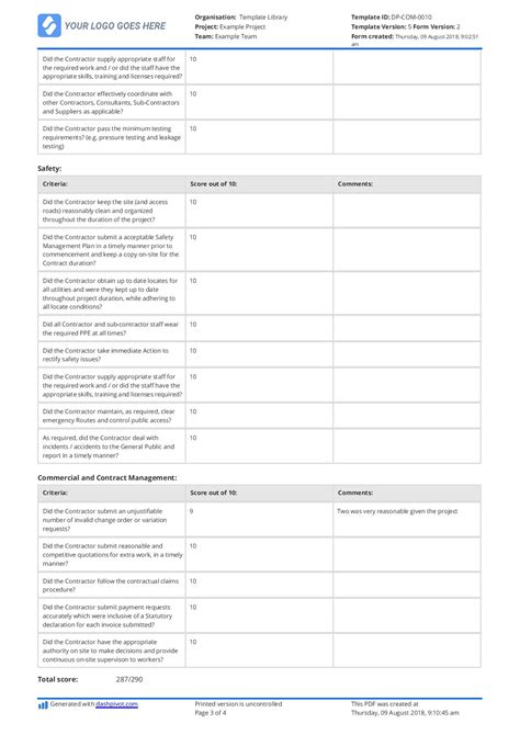 Free Contractor Performance Evaluation Template Easily Editable