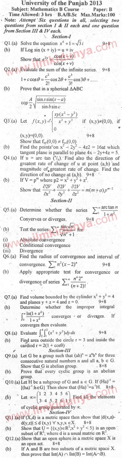 Past Papers 2013 Punjab University BA BSc Math Paper B Course B