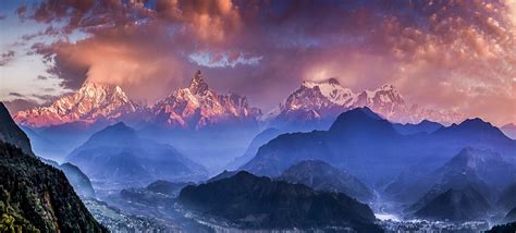 Nature Landscape Himalayas Mountains Sunset Clouds Mist Valley