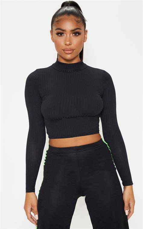 Petite Black High Neck Ribbed Long Sleeve Crop Top Prettylittlething Ie