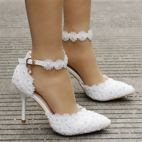Super High Thin 9cm Heels White Lace Wedding Shoes Bride Sexy Point Toes Pearls Lace Flower Side