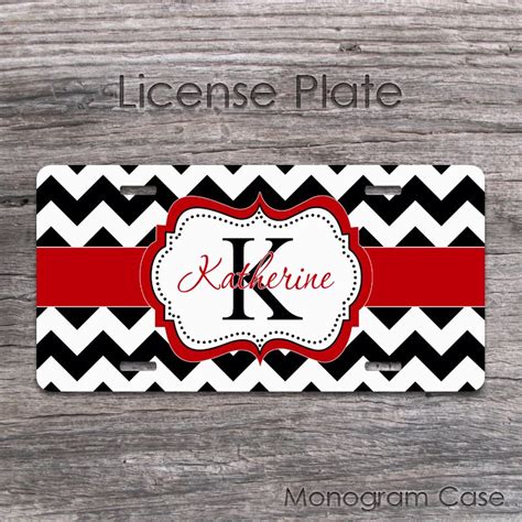 License Plate Black Chevron With Monogram Red Ribbon Personalized