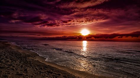 Download Beach Sand Cloud Horizon Ocean Nature Sunset Hd Wallpaper