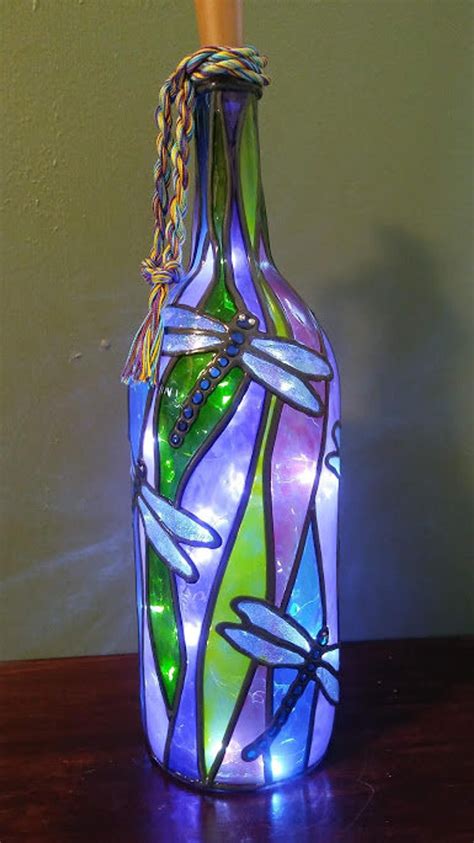 Dragonfly Lighted Handpainted Wine Bottle Inspired Stained Glass Look 2 Etsy Wine Bottle Diy