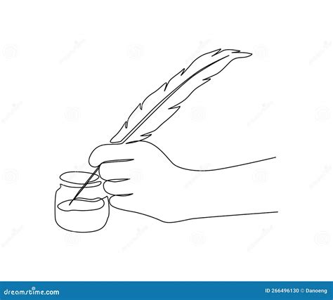 Continuous One Line Drawing Of Hand Holding Quill Pen Feather Pen
