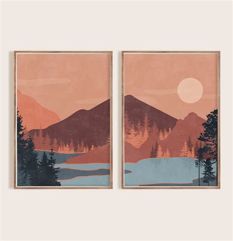 Mountain Print Set Of 2 Terracotta Landscape Wall Art Digital Prints