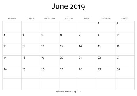 Blank Calendar For June 2019 Printable Template Fillable With Notes