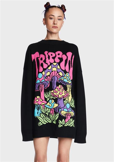 Current Mood Mushroom Trippy Print Graphic Knit Oversized Sweater