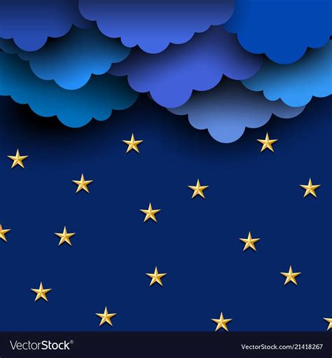 Paper Blue Clouds On Night Sky With Paper Stars Vector Image Paper