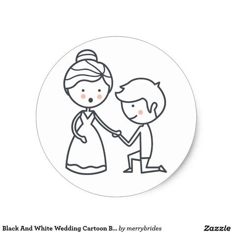 Black And White Wedding Cartoon Bride And Groom Classic Round Sticker
