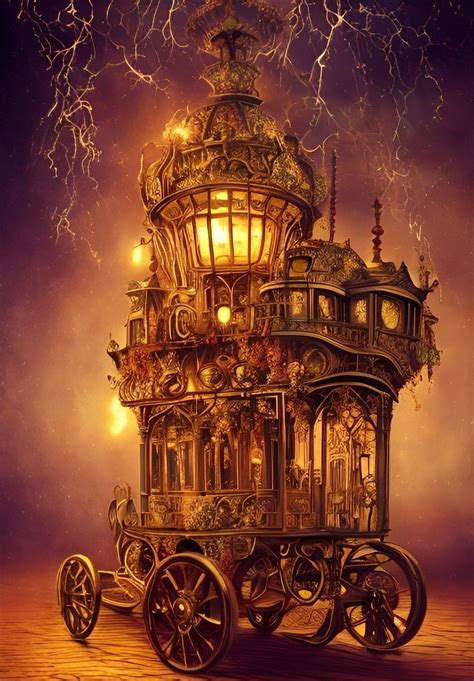 Fantasy Steampunk Carriage With Glowing Lights Digitalart In 2023