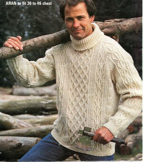 vintage mens aran sweater knitting pattern pdf mens cable polo neck jumper 36 46 aran worsted
