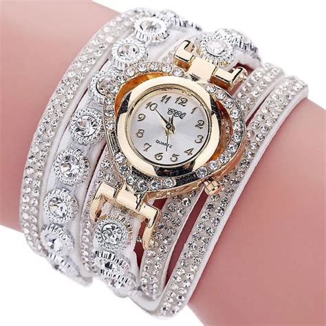 buy luxury rhinestone women watches vintage leather strap bracelet analog watch