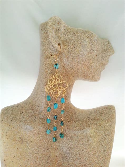 Long Natural Turquoise Chandelier Earrings By Jewelstotreasure