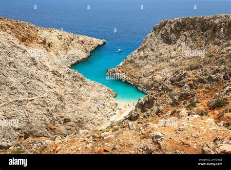 View To The Magical Seitan Limania Beach In Crete Greece Stock Photo