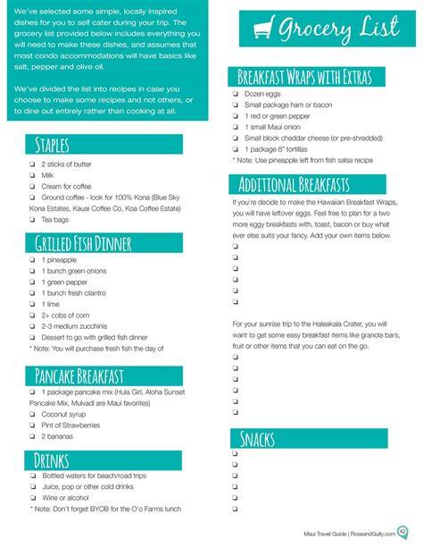 Printable Grocery List For You Maui Vacation Maui