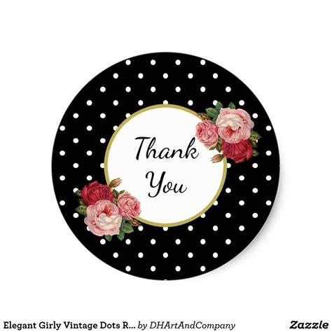 Elegant Girly Vintage Dots Roses Floral Thank You Classic Round Sticker