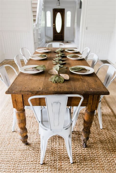 Features a curved rail over pierced shield back with carved bird design and rush seat. New Farmhouse Dining Chairs | Farmhouse dining room table ...