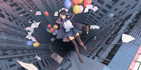 Anime Girl Falling School Uniform Balloon 4k Hd Anime 4k Wallpapers