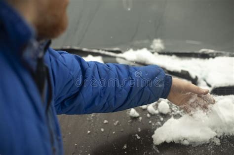 Snow Removal From Car Hand Scrapes Ice Off Car Stock Photo Image Of