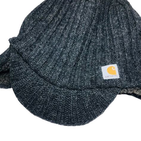 Carhartt Akron Wool Beanie Hat Ear Flaps Sherpa Lined Winter Gray Cap
