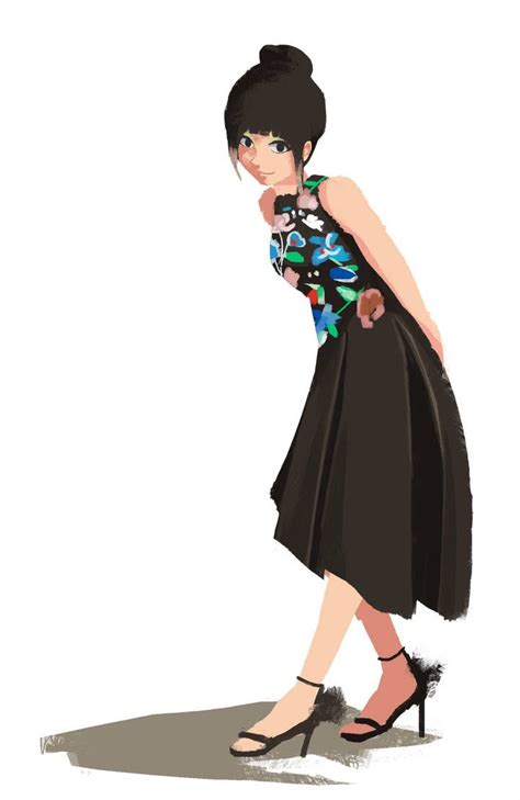 A Drawing Of A Woman In A Black Dress With Flowers On Her Shirt And Heels