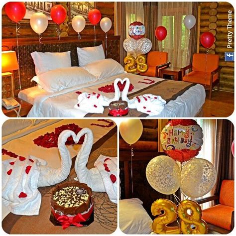 Hostel, dormitory booking idea cartoon color illustrations set. Romantic decorated hotel room for his/her birthday ...