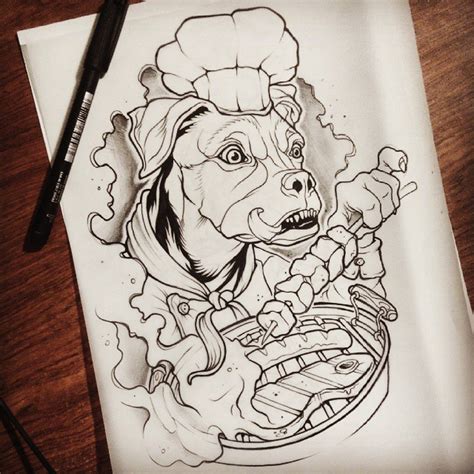 Traditional Outline Dog Cook Frying Meat Tattoo Design
