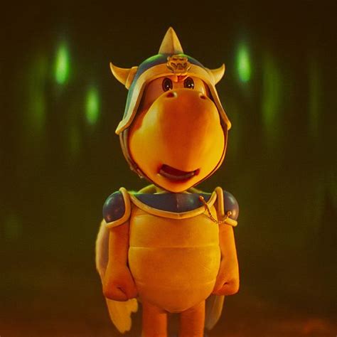 a cartoon character is standing in the middle of a room with green lights behind him