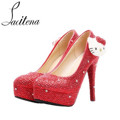 Hello Kitty Wedding Shoes Shine Crystal Red Purple Sweet Lovely Bridal Shoes In Women S Pumps