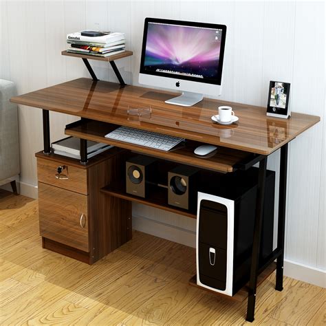Large 120cm High Gloss Computer Desk With Drawers And Shelves Oak