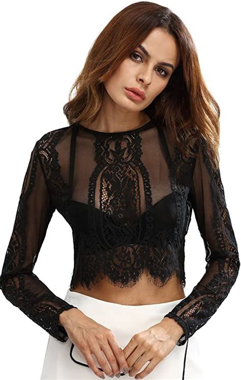 Makemechic Women S Scallop Trim Sexy Sheer Blouse Mesh See Through Lace