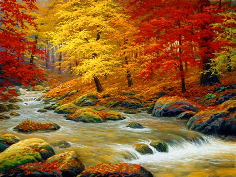 Pastel Autumn River Pastel Colorful Fall Colors Stones Leaves