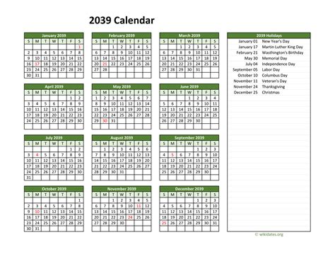 Printable 2039 Calendar With Federal Holidays