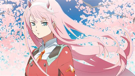 Darling In The Franxx Zero Two With Pink Hair With Background Of Pink Flowers And Blue Sky Hd