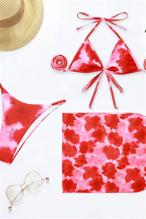 romantic tie dye strappy triangle string bikini three piece swimsuit rose swimsuits