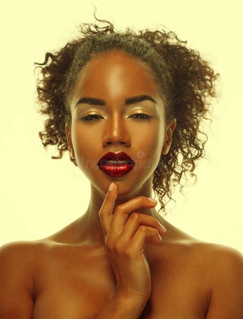 Beauty Portrait Of Attractive African American Woman With Big Afro And Glamour Makeup Stock