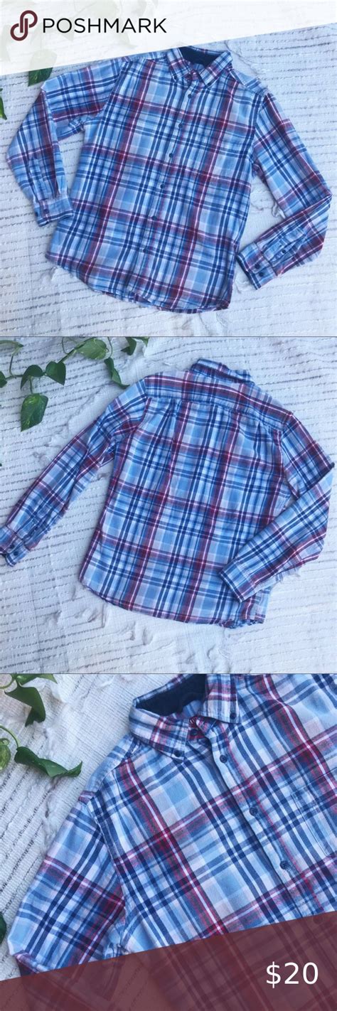 Merona Mens Blue And Red Long Sleeve Plaid Flannel Casual Button Down