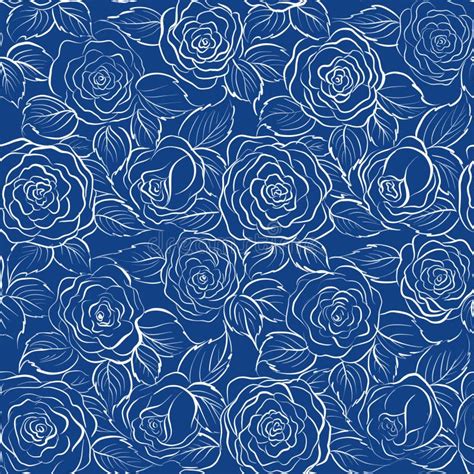 Rose Flowers Linear Pattern Seamless Pattern On Blue Background Stock