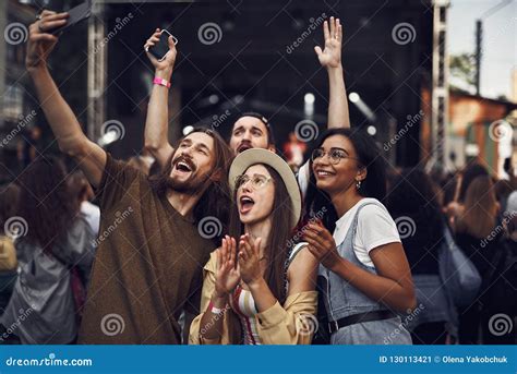 Cheerful Friends Making Selfie At Outdoor Music Festival Stock Image Image Of People Casual
