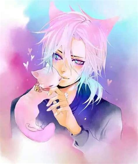 Anime Kawaii Boy With Pink Blue Hair And Cat He Is So Cute