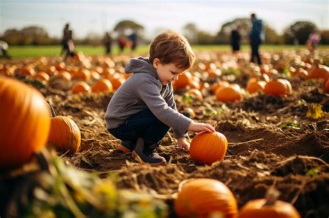Premium Photo A Little Boy Picking Pumpkins On Halloween In A Pumpkin