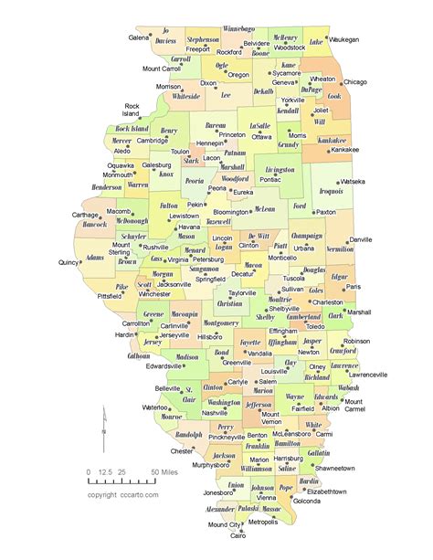 State of Illinois County Map with the County Seats - CCCarto