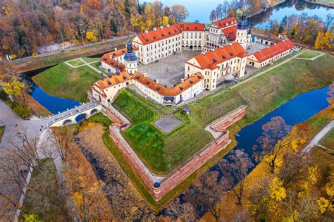 Nesvizh Castle Aerial Photo During Golden Hour On Autumn Evening