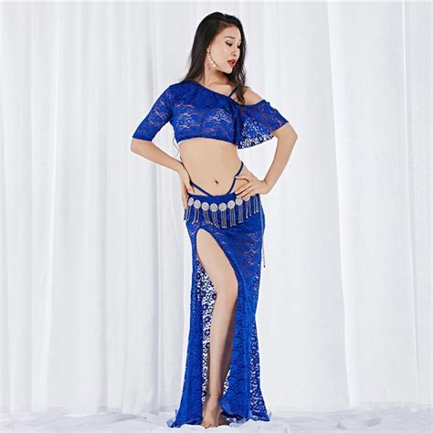 2 Pieces Women Belly Dance Costume Lace Top Long Skirt Sexy Outfits