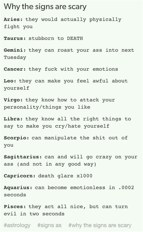 The reality is that they're simply highly sympathetic individuals who know that they feel more deeply than. Zodiac scary thing | Zodiac signs aquarius, Zodiac signs ...